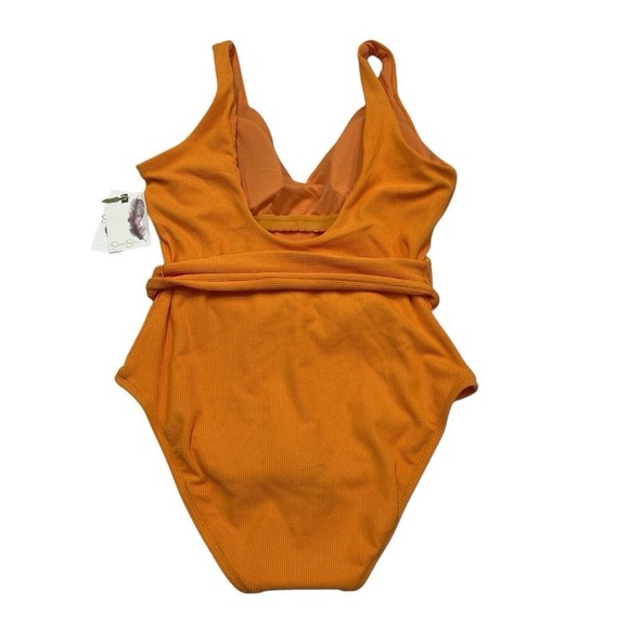 Jessica Simpson Swimsuit Orange Ribbed Belted One Piece Size L Retro Vacation - Picture 2 of 7